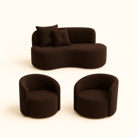 Conjunto Decorativo 02 Poltronas + Sofá Curvo Orgânico Nature Gaia Suede Marrom - Montanaris Decor