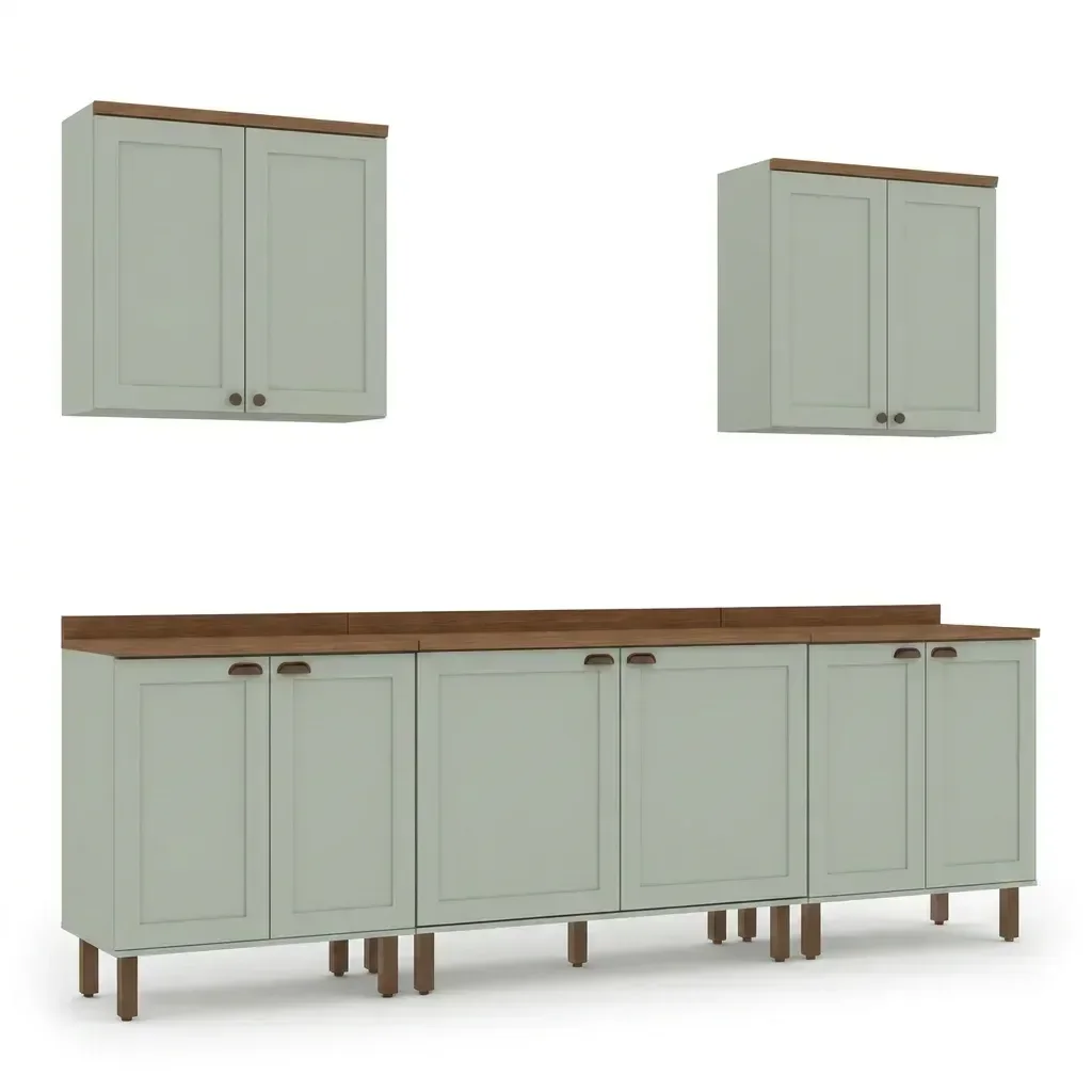 Ver imagem 2 de Cozinha Completa 5 Peças 100% MDF 2 Armários Aéreos e 3 Balcões com Tampo Iluminata Verde Mint e Ébano