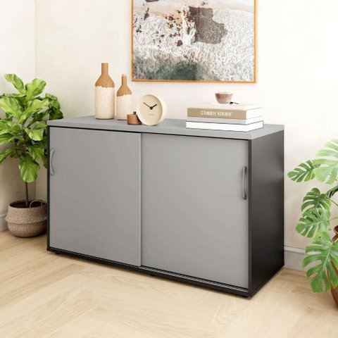 Armário Organizador 140cm 2 Portas de Correr Escritório F5 Cor:cinza Sagrado com Preto