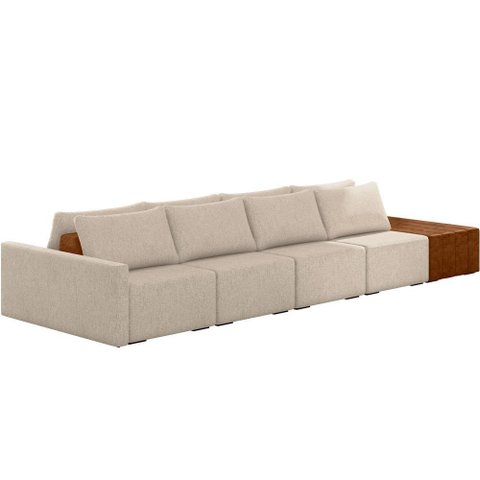 Sofá Ilha Modular para Sala 432cm com Puff Dublin K01 Linho Bege Sintético Caramelo - Lyam Decor