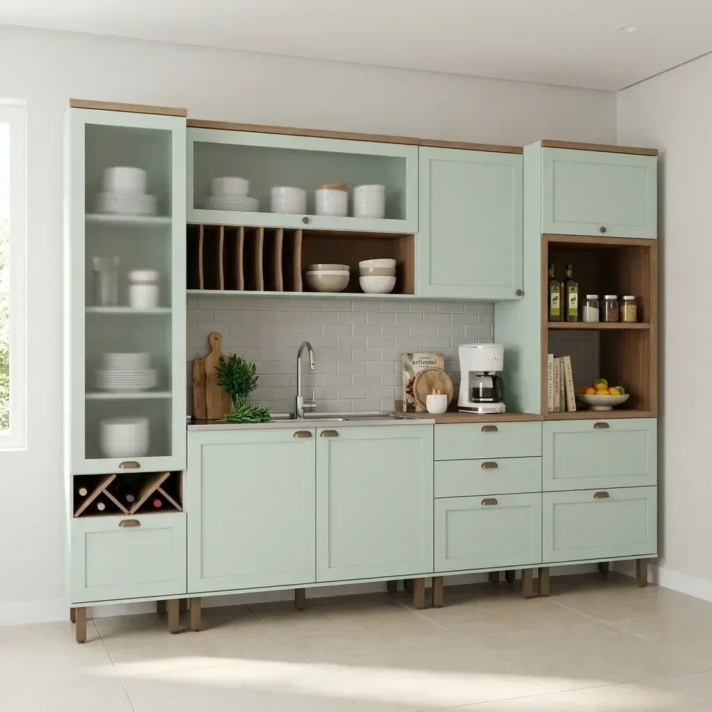 Cozinha Completa Modulada 6 Peças 100% MDF com Balcão para Pia, Torre Quente e Cristaleira com Garrafeiro Iluminata Verde Mint e Ébano