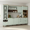Ver imagem 1 de Cozinha Completa Modulada 6 Peças 100% MDF com Balcão para Pia, Torre Quente e Cristaleira com Garrafeiro Iluminata Verde Mint e Ébano