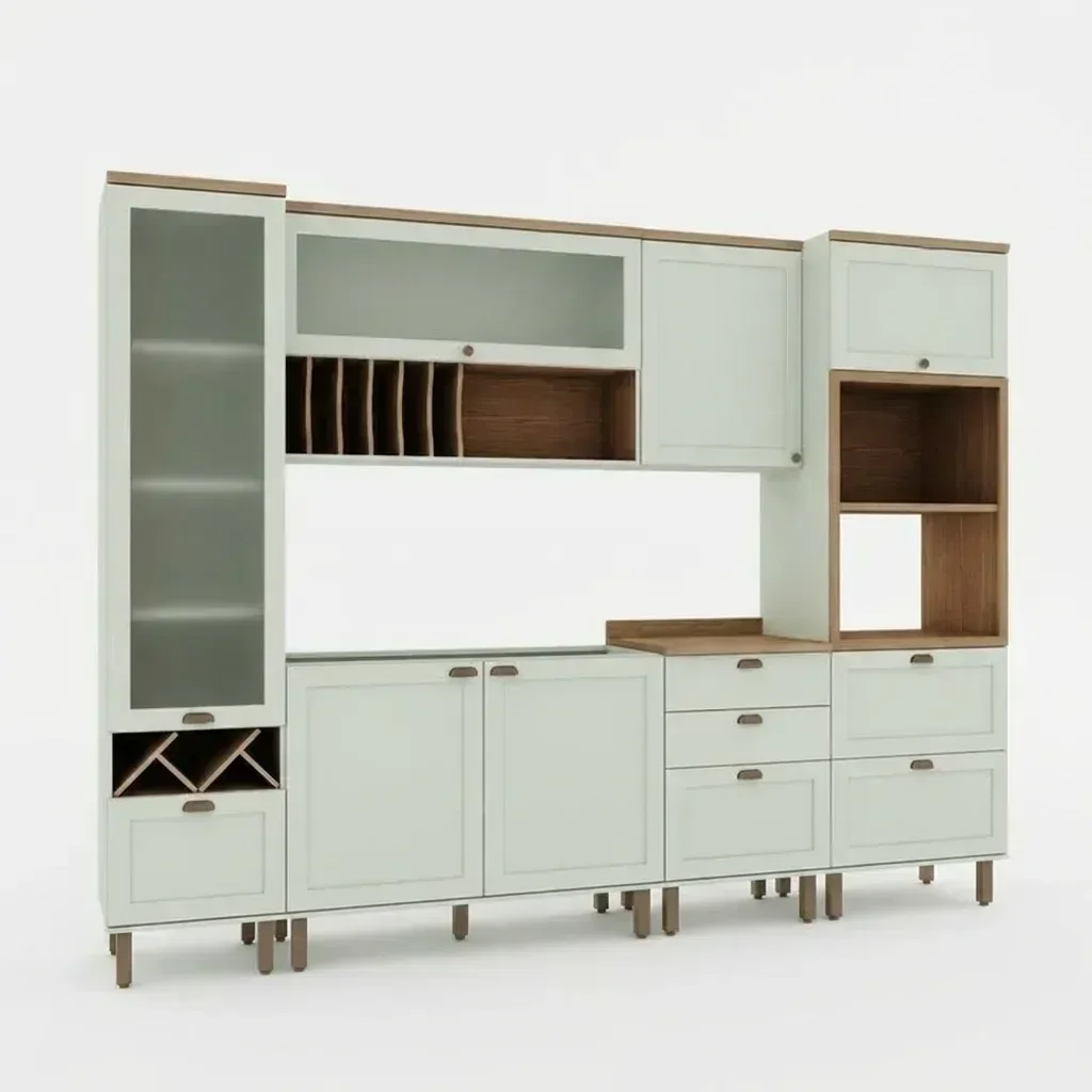 Ver imagem 2 de Cozinha Completa Modulada 6 Peças 100% MDF com Balcão para Pia, Torre Quente e Cristaleira com Garrafeiro Iluminata Verde Mint e Ébano