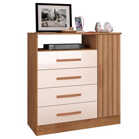 Comoda Delta Quarto com 4 Gavetas e 1 Porta Canelato+3d Canelato/off White