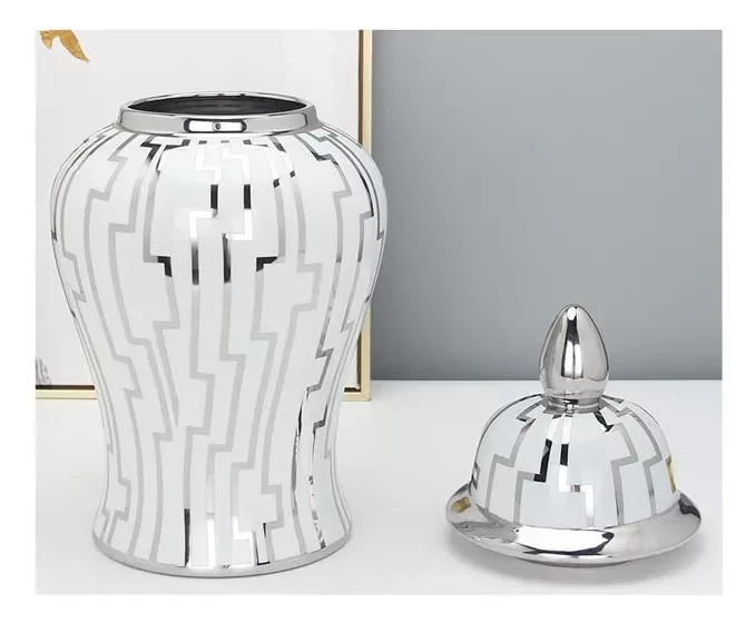 Vaso Decorativo Porcelana Chinesa Branco Prateado 50x24 - 6