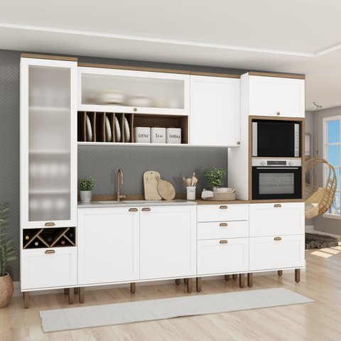 Cozinha Completa Modulada 6 Peças 1 Cristaleira 2 Armários Aéreos 1 Paneleiro 2 Balcões Iluminata Branco/Ébano