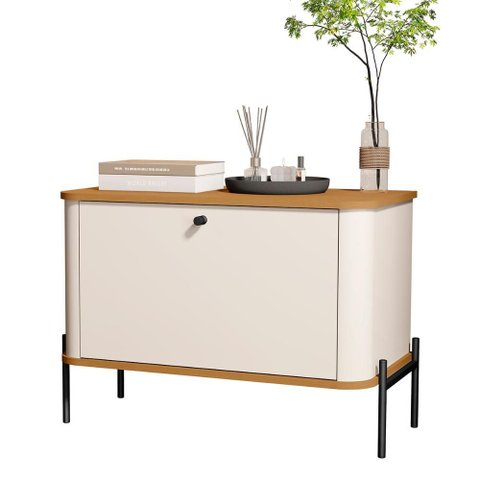 Mesa de Cabeceira Quarto Tucupí com 1 Porta e Pés de Metal Off White/nature/preto