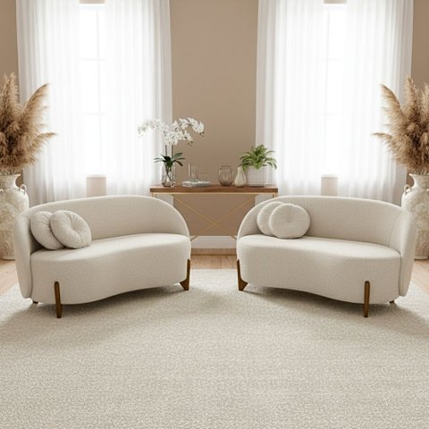 Kit 02 Sofás Orgânicos 2 Lugares C/2 Almofadas Curvo Sala Recepção Amsterdã Boucle Off White - Monta