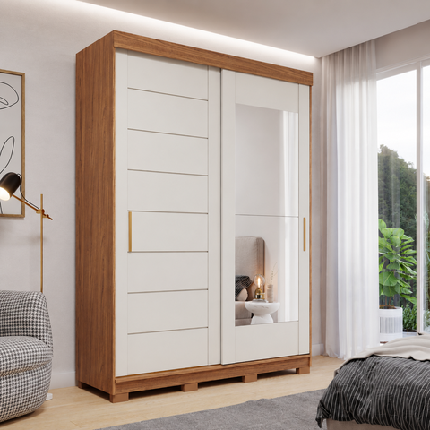 Guarda Roupa Lia 2 Portas Correr com Espelhos Pés MDF