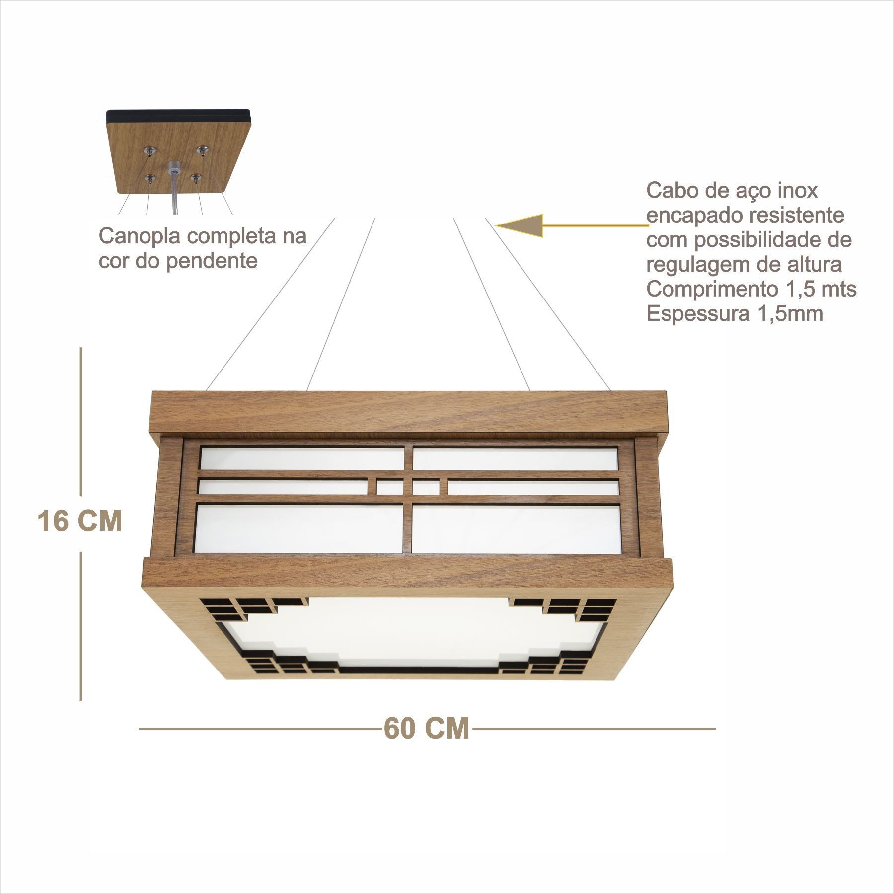 Luminária Decorativa Madeira Pendente Quadrado Itapuã 60cm - 2