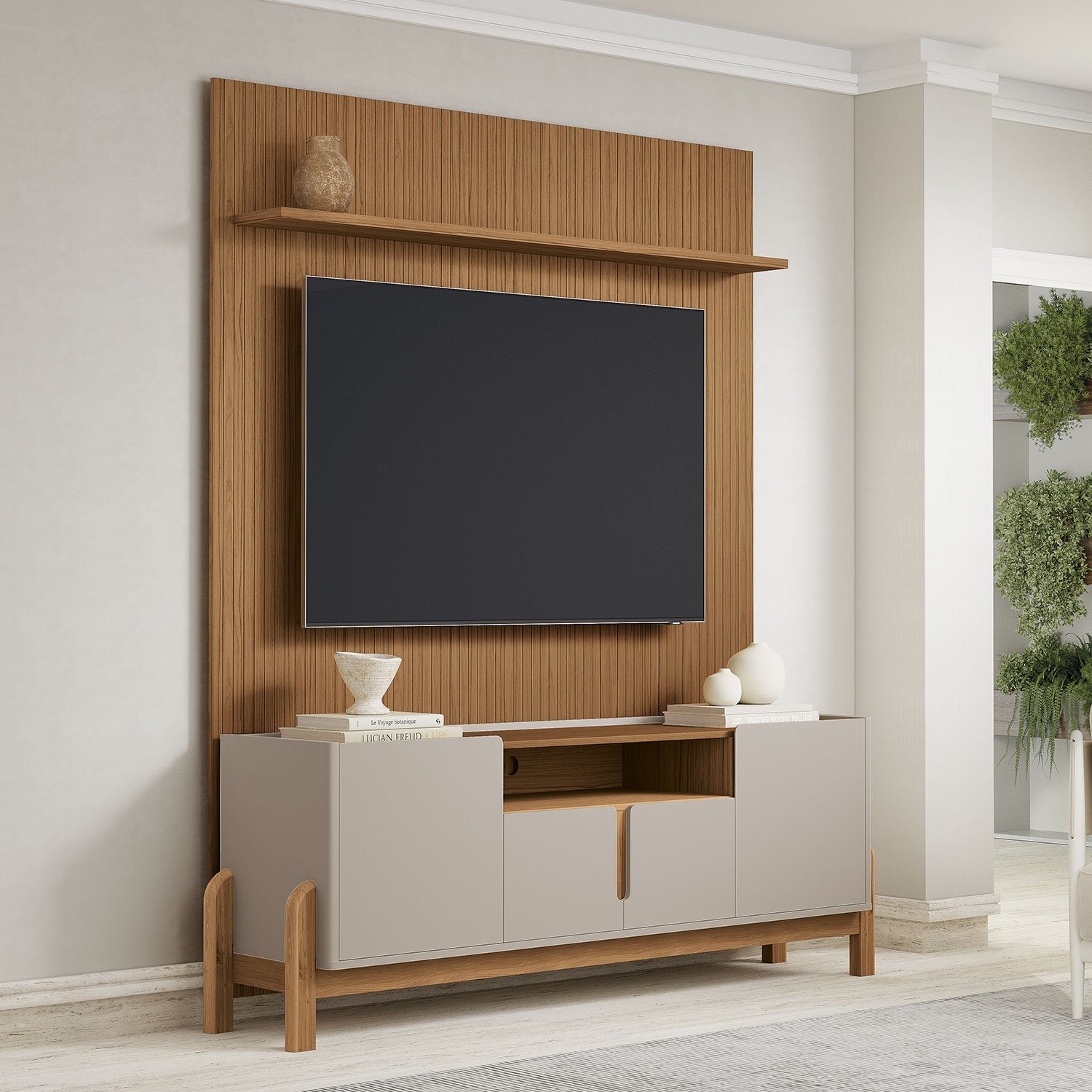 geeko★ページ Rack com Painel 1.80 Lizz Off White com Cedro - Móveis Casa D