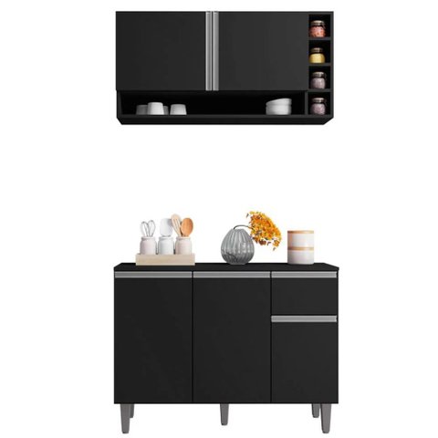 Kit Campbell Cozinha Balcão 3 Portas S/ Tampo + Aéreo 2 Portas Preto