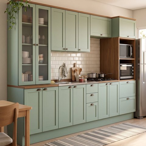 Cozinha Completa Modulada 6 Peças com Cristaleira, Torre Quente, Portas de Vidro e Pés Reguláveis