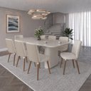 Ver imagem 1 de Conjunto de Jantar Lintz Offwhi 8 Cadeiras Giratórias Dakota - Bouclé 03 Bege c/ PU Off White