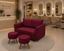 Ver imagem 2 de Kit Namoradeira Lisboa 2 Lugares + 2 Puffs Redondos em Suede para Sala Bordô Conforto e Luxo