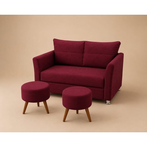 Kit Namoradeira Lisboa 2 Lugares + 2 Puffs Redondos em Suede para Sala Bordô Conforto e Luxo