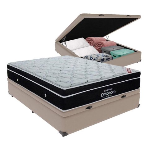 Cama + Box Casal com Base Baú Europillow Mola Ensacada Cor:bege
