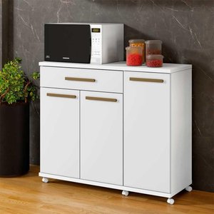 Balcão 3 Portas 1 Gaveta para Microondas com Rodinhas Branco