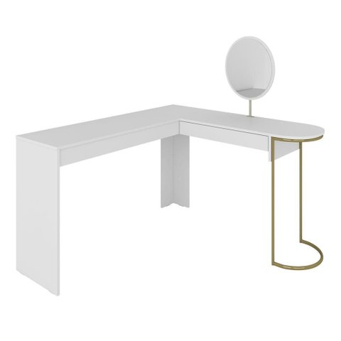 Escrivaninha Penteadeira em L com Espelho Mavi Dourado/branco - M.a Dourado/branco