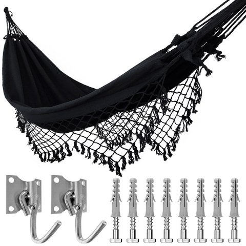 Kit Rede de Dormir Casal Preta + Ganchos Costura Reforçada