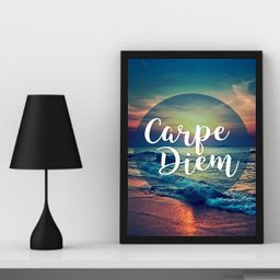 Quadro Decorativo Praia por do Sol Carpe diem 45x34cm - com Vidro:madeira Branca - 2