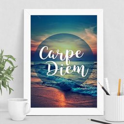 Quadro Decorativo Praia por do Sol Carpe diem 45x34cm - com Vidro:madeira Branca - 1