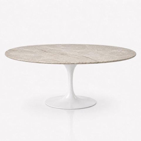 Mesa de Jantar Saarinen Oval 120x80 cm Tampo Quartzito Taj Mahal e Base Laca Branca
