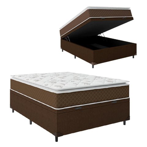 Cama Box Baú Casal Colchão Molas Ensacadas Pillow Top Martino 138X188X66Cm Marrom/Branco