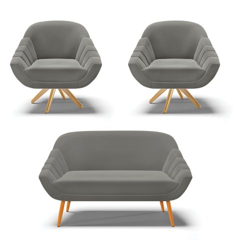 Kit 01 Namoradeira 02 Lugares e 02 Poltronas Giratória Giovana Suede Grafite Base Madeira MM30 - D
