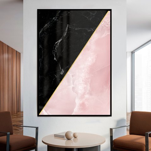 Quadro Decorativo Geométrico Mármore Preto e Rosa em Moldura Caixa Tacolado Moldura Trad 1cm Preta C