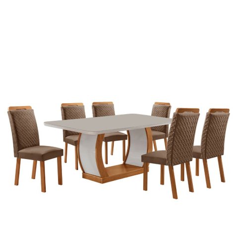 Mesa de Jantar Milena 180cm Tampo MDF Vidro Canto Copo com 6 Cadeiras Aline