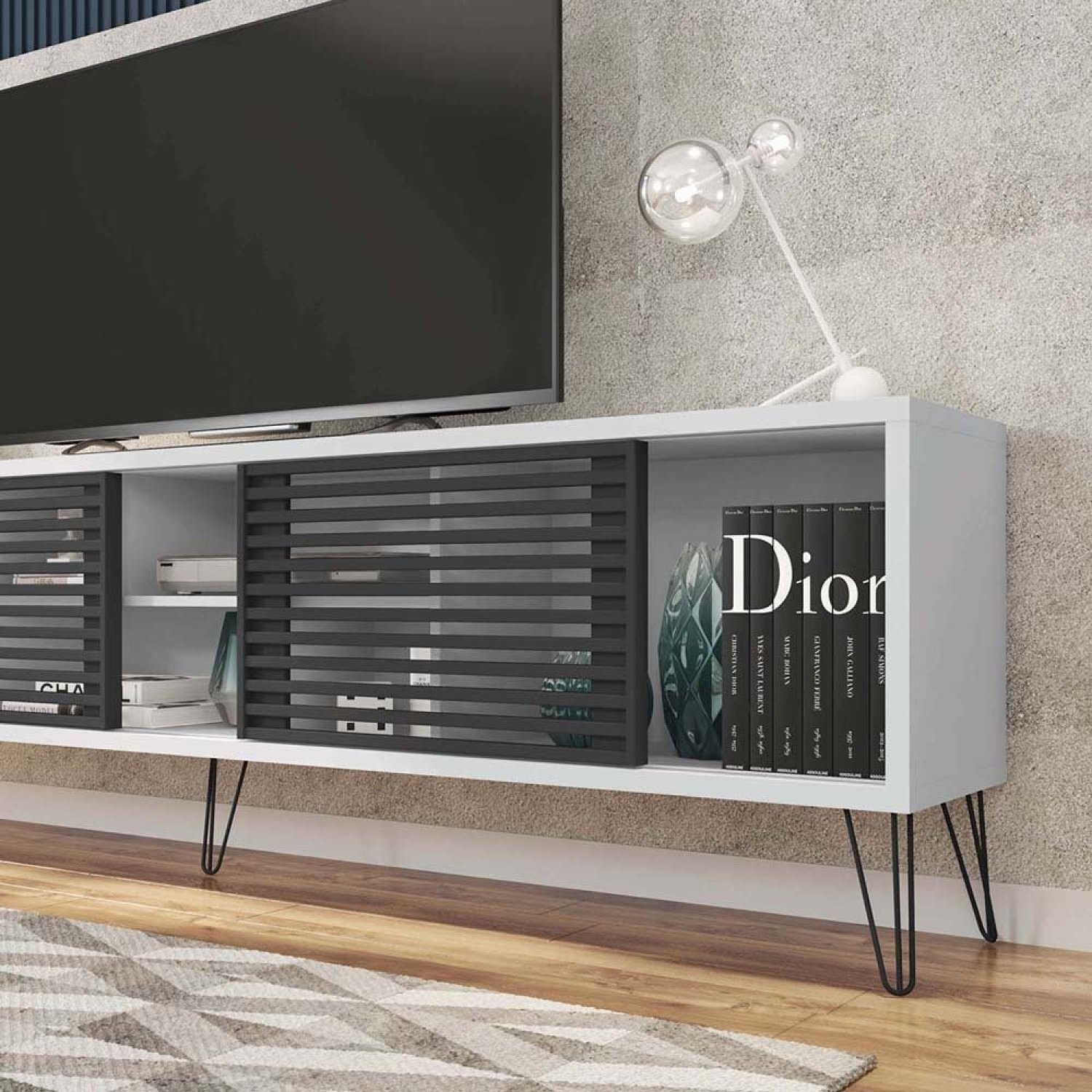 Rack para TV até 75 Polegadas Industrial Retrô 220cm em BP Porta Ripada