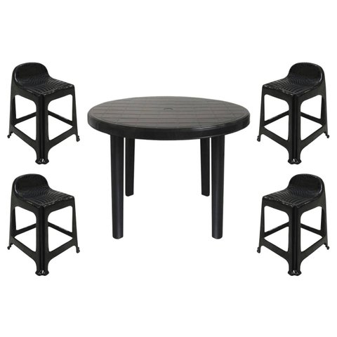 Mesa Redonda Desmontável de Plástico 94cm Preta + 4 Banquetas com Encosto