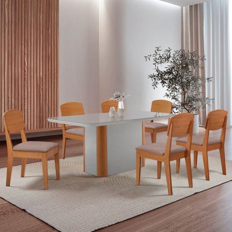 Mesa de Jantar Isadora 180cm Tampo Mdf Vidro com 6 Cadeiras Linho Capuccino Tork Off White