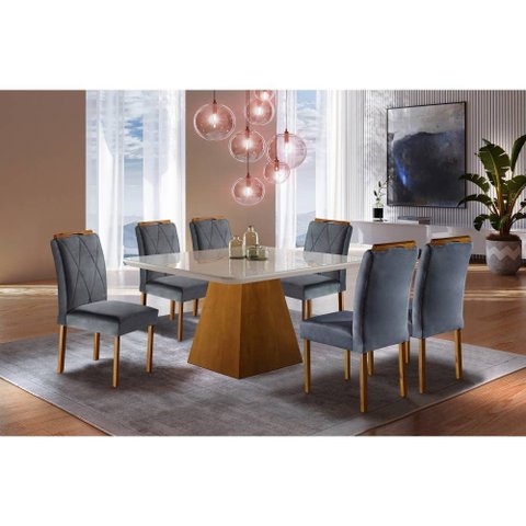 Conjunto Sala de Jantar Rubi Mesa Quadrada 135cm e 6 Cadeiras Madeira Maciça Veludo Móveis Mundial