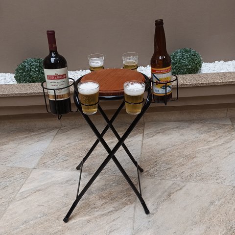 Mesa petisqueira dobrável de ferro e madeira super resistente e compacta com espaço para 4 copos 2 g