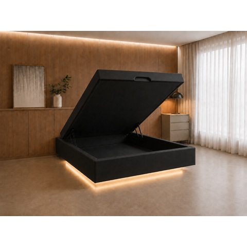 Cama Box Baú Casal Flutuante com LED, Encaixe para Colchão e Puxador Embutido:Preto