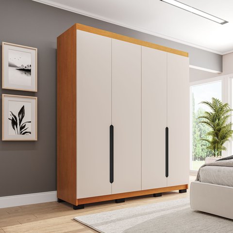 Guarda-Roupa Casal 4 Portas Bater Madrid Bege/Creme/Freijó