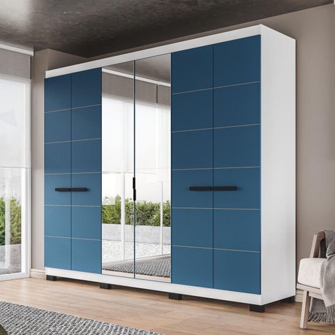 Roupeiro Lisboa 6 Portas com Espelho 4 Gavetas 242x214cm Branco/Azul 240855