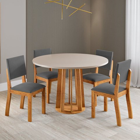 Conjunto Sala de Jantar 4 Lugares Redondo Tampo em MDF Schio Cinza/Mel/Blonde