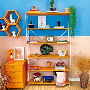 Estante Industrial de Ferro Ample 6 Prateleiras Carvalho e Branco