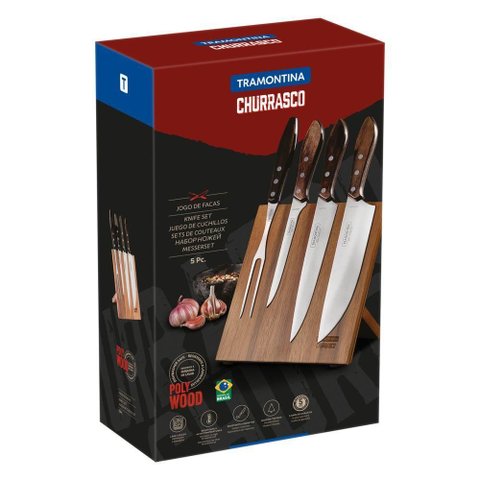 Jogo para Churrasco Tramontina com Laminas em Aço Inox e Cabos em Madeira Polywood Castanho 5 Peç