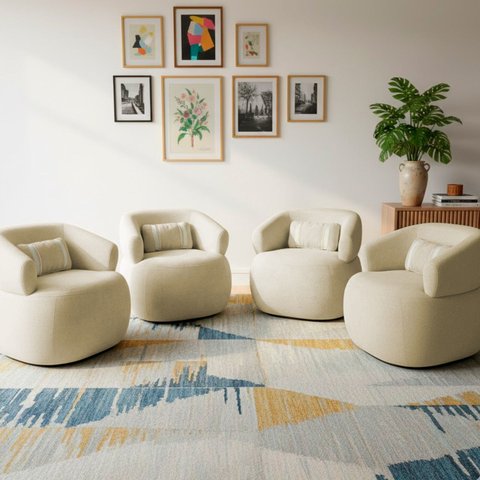 Kit 4 Poltrona Orgânica Chloe Boucle Bege Redonda Decorativa com Almofada Plumante - Arkell