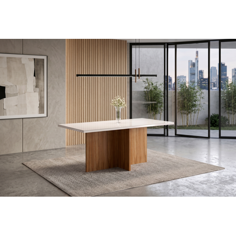 Mesa Los Angeles 160cm com Vidro para Sala de Jantar Cinamomo/Off White