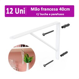 12 Suporte Mão Francesa p/ Prateleira 40cm Parafuso + Bucha - 1