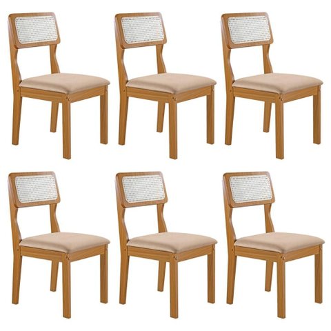 Conjunto de 6 Cadeiras Agata Retrô com Estofado em Linho Bege Claro/cinamomo