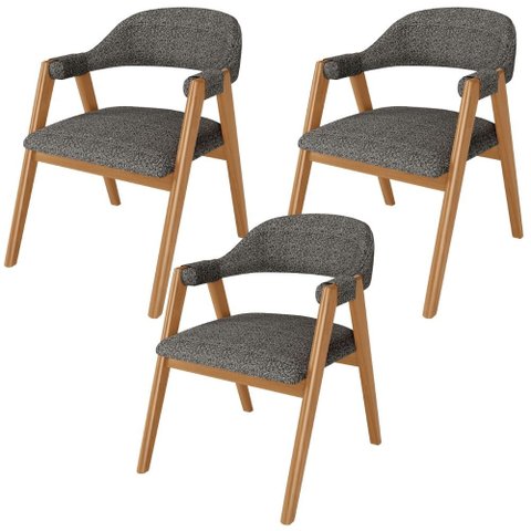 Kit 3 Cadeiras de Jantar e Estar Living Estofada Nadja L02 Linho Mescla Chumbo - Lyam Decor