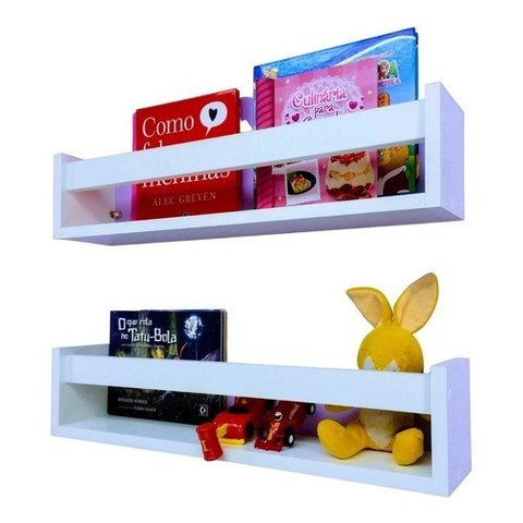 Kit 2 Prateleiras de Livros Criança Nicho de Parede Livreiro Colorido 55cm:BRANCO
