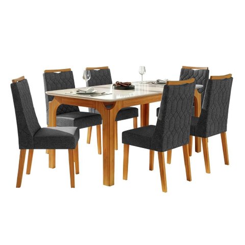 Conjunto Sala de Jantar Mesa Tampo em Vidro 1,60m Mel 6 Cadeiras Bel