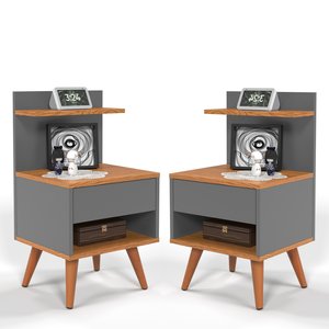 Kit 2 Mesas de Cabeceira para Quarto Pés Palito Retrô 1 Gaveta Sleep - Cinza/nature